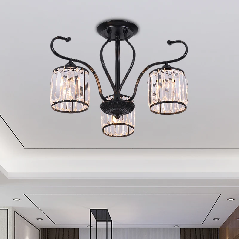 Cilinder Semi-inbouwlamp Rustiek Kristalblok 3/6 Lichten Zwart Plafondlamp voor Eetkamer Clearhalo