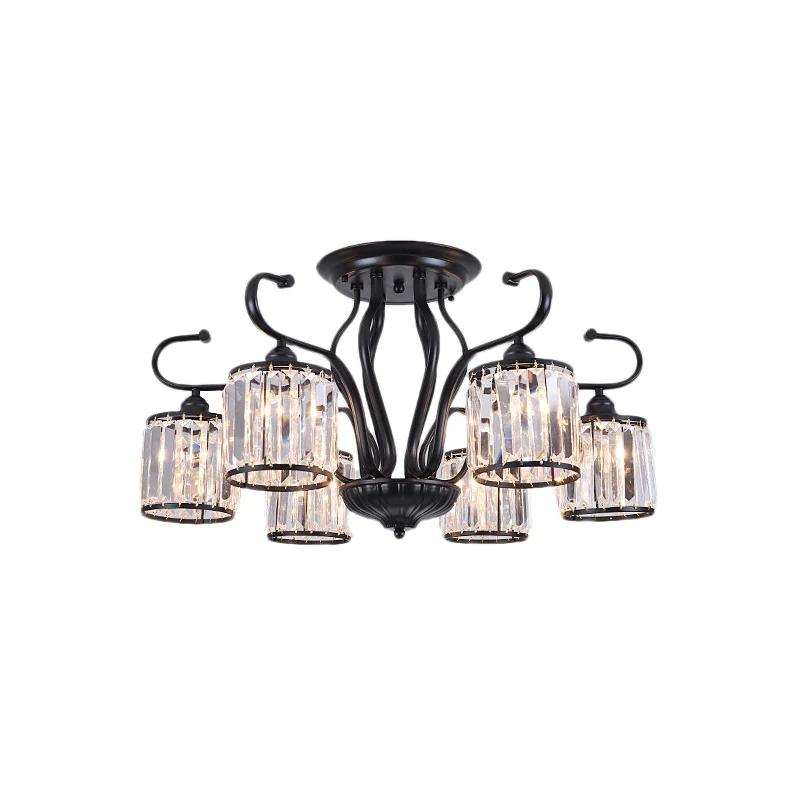 Cilinder Semi-inbouwlamp Rustiek Kristalblok 3/6 Lichten Zwart Plafondlamp voor Eetkamer Clearhalo