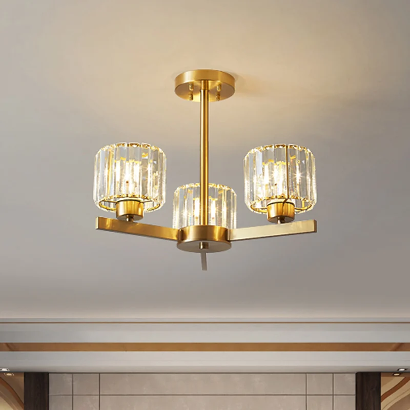 Cilinder Tri-Prisma Kristallen Kroonluchter Licht Eenvoud 3 Lampen Gouden Hanglamp Clearhalo