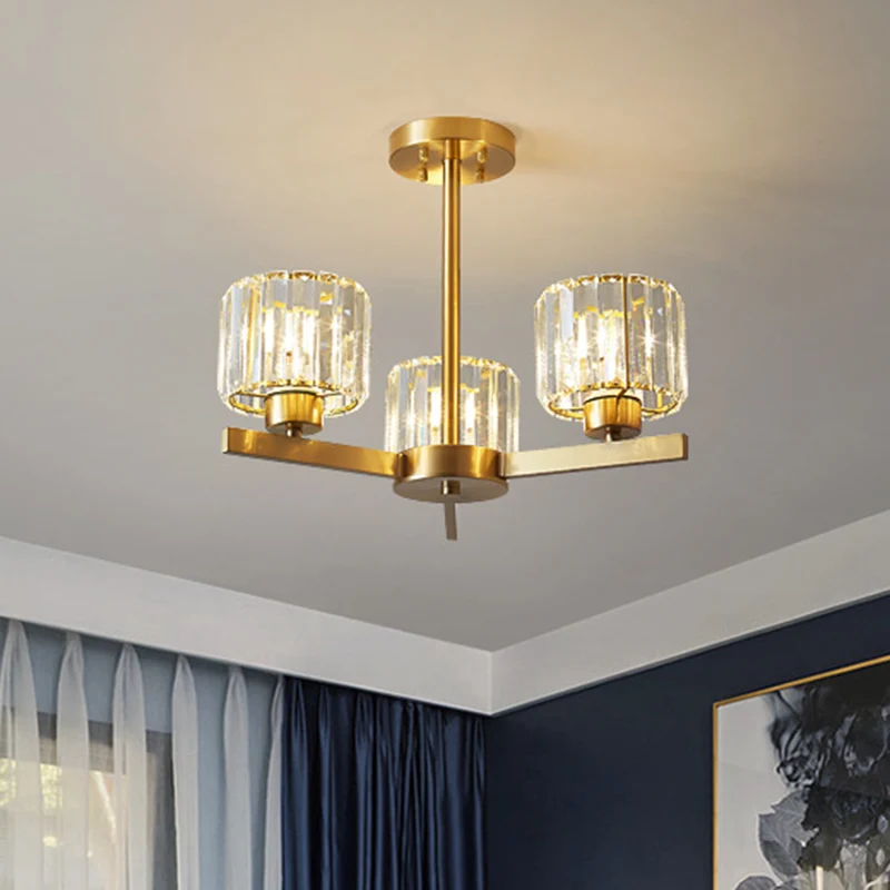 Cilinder Tri-Prisma Kristallen Kroonluchter Licht Eenvoud 3 Lampen Gouden Hanglamp Clearhalo