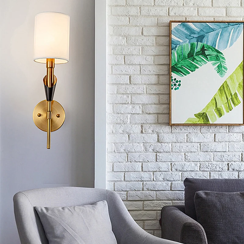 Cilinder woonkamer wandkandelaar traditionele metalen 1/2-lichts gouden wandlamp met stoffen kap Clearhalo