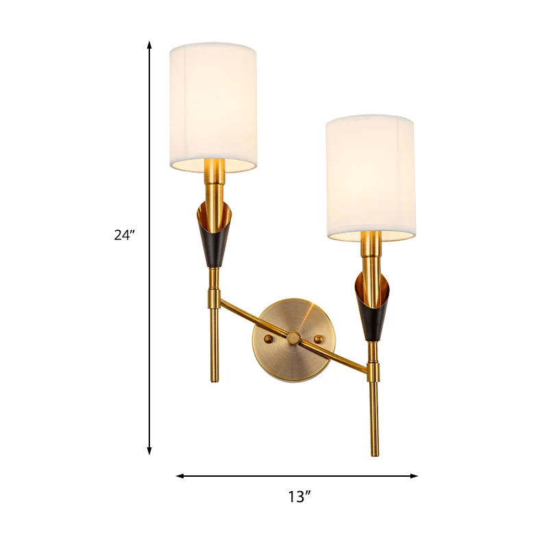 Cilinder woonkamer wandkandelaar traditionele metalen 1/2-lichts gouden wandlamp met stoffen kap Clearhalo