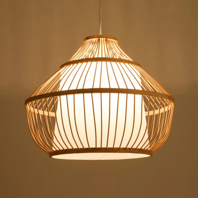 Cilinder/donut/regendruppel hangende hanglamp Aziatisch bamboe, 1 lamp, beige plafondlamp met kap aan de binnenkant Clearhalo