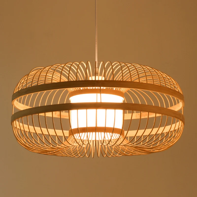 Cilinder/donut/regendruppel hangende hanglamp Aziatisch bamboe, 1 lamp, beige plafondlamp met kap aan de binnenkant Clearhalo