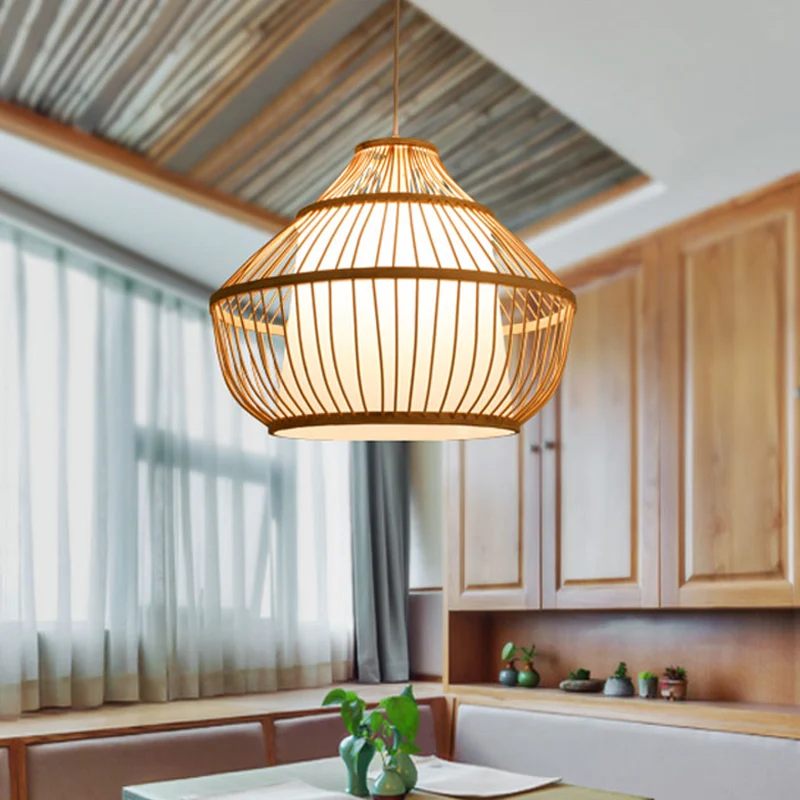 Cilinder/donut/regendruppel hangende hanglamp Aziatisch bamboe, 1 lamp, beige plafondlamp met kap aan de binnenkant Clearhalo