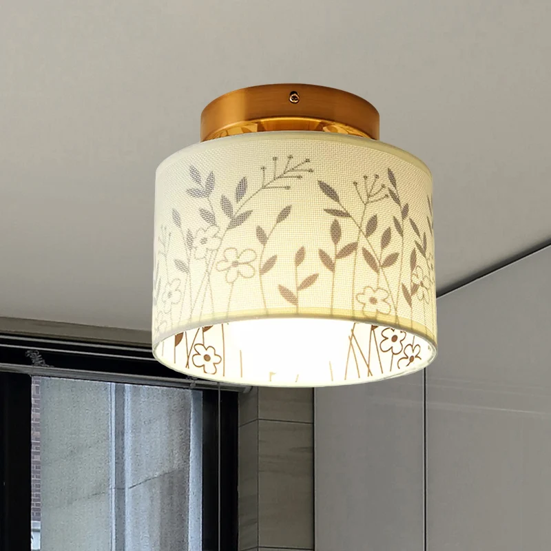 Cilinderinbouwarmatuur van stof met bloem-/hertpatroon Nordic 1-lamps inbouwplafondlamp voor foyer Clearhalo
