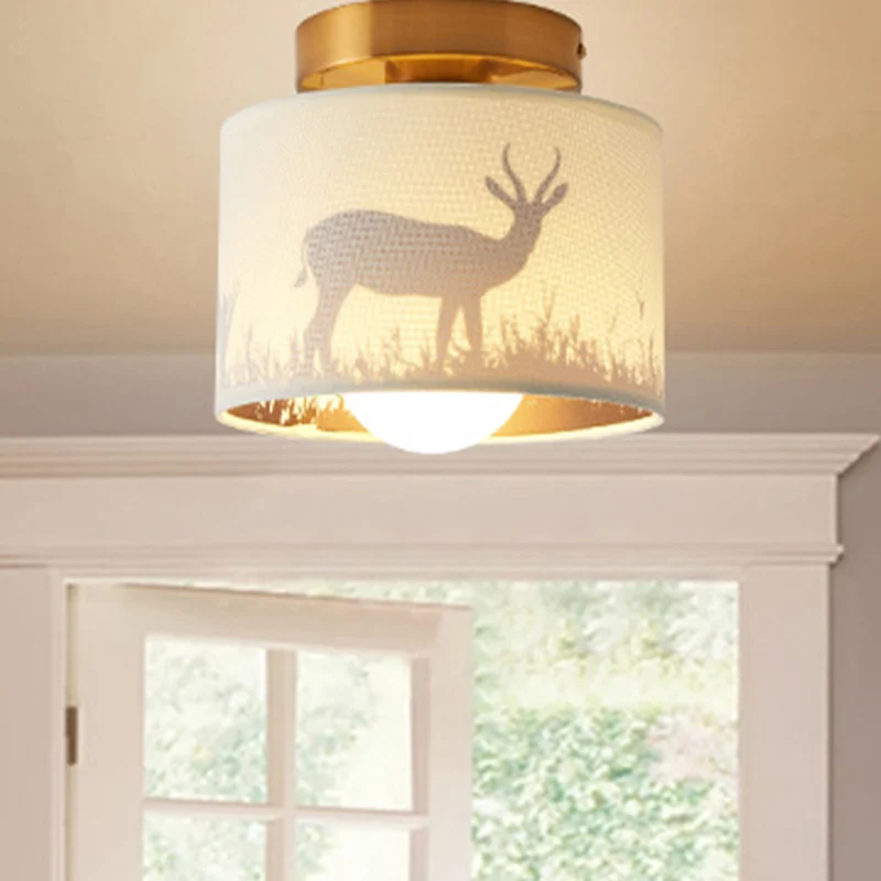 Cilinderinbouwarmatuur van stof met bloem-/hertpatroon Nordic 1-lamps inbouwplafondlamp voor foyer Clearhalo
