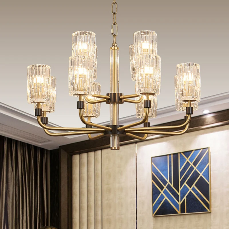 Cilinderkap kroonluchterverlichting Minimalistische prismatische kristallen gouden hanglamp Clearhalo
