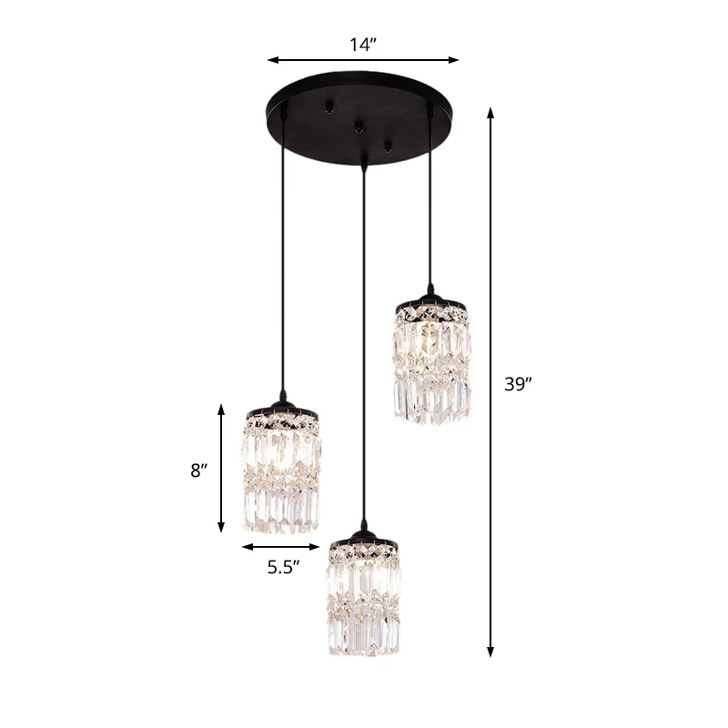 Cilinderkristalblok hanglamp eigentijds 3-lichts zwarte clusterhanglamp met ronde/lineaire luifel Clearhalo