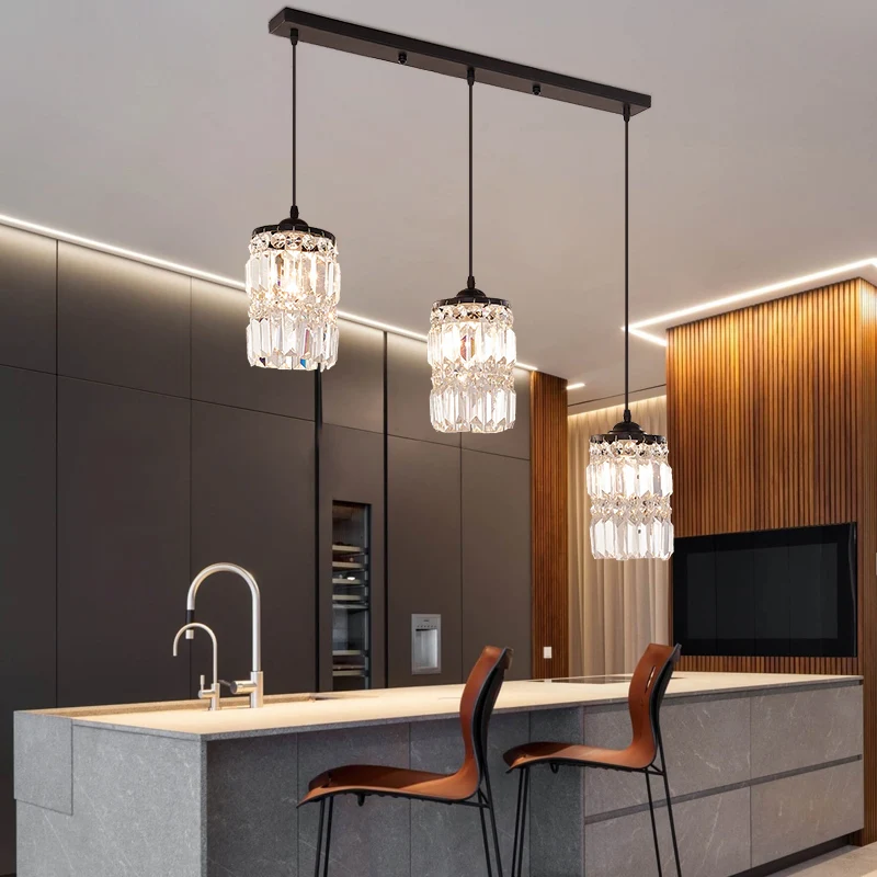 Cilinderkristalblok hanglamp eigentijds 3-lichts zwarte clusterhanglamp met ronde/lineaire luifel Clearhalo