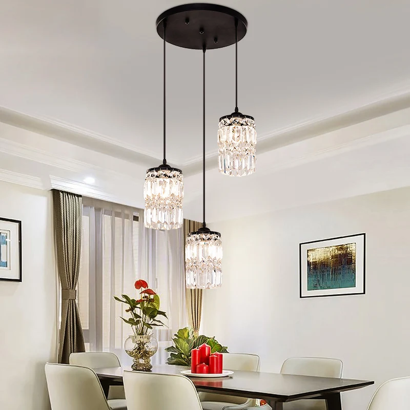 Cilinderkristalblok hanglamp eigentijds 3-lichts zwarte clusterhanglamp met ronde/lineaire luifel Clearhalo