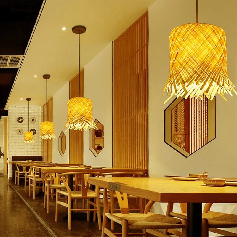 Cilinderophanging hanglamp eigentijds bamboe 1-lamps houten hanglampset, 8"/10" breed Clearhalo