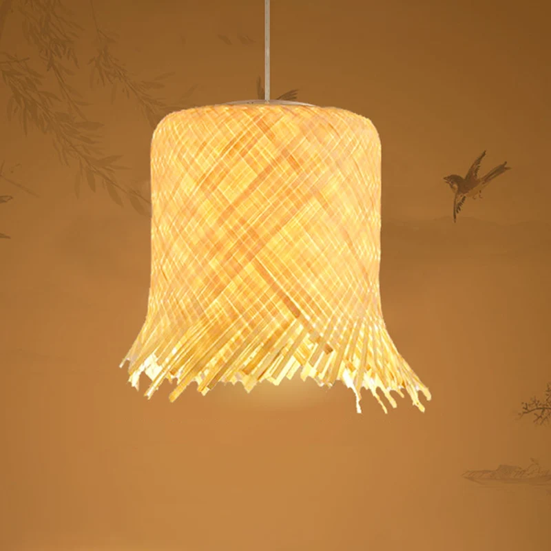 Cilinderophanging hanglamp eigentijds bamboe 1-lamps houten hanglampset, 8"/10" breed Clearhalo