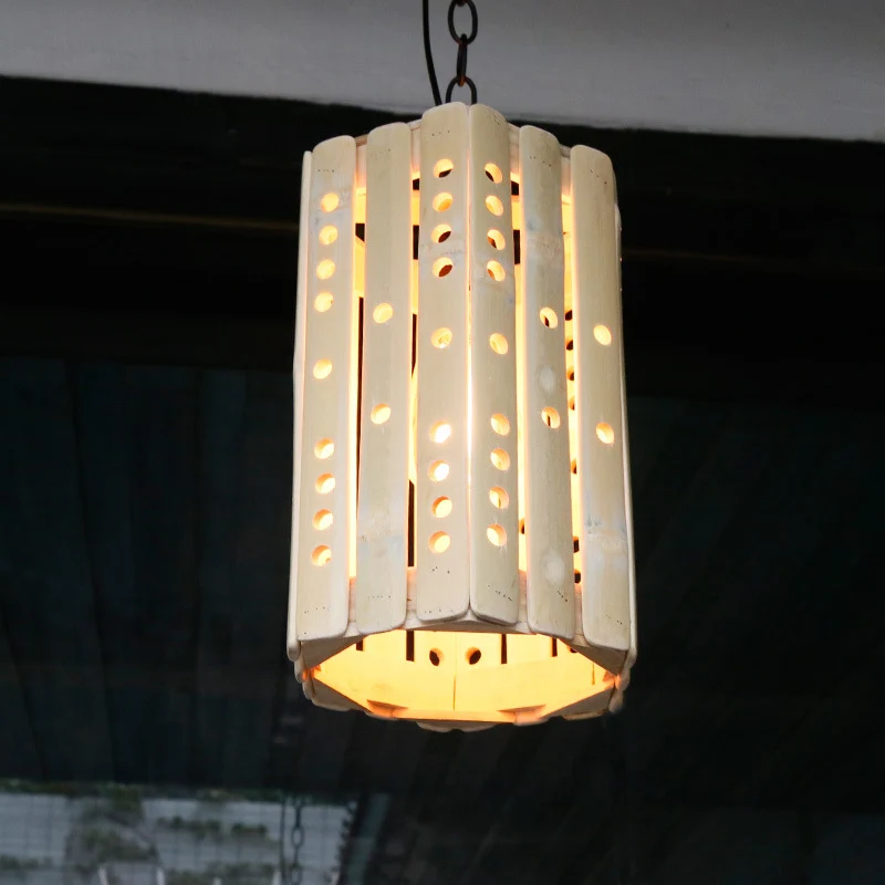 Cilinderophanging hanglamp moderne bamboe enkele lamp veranda hanglamp beige Clearhalo