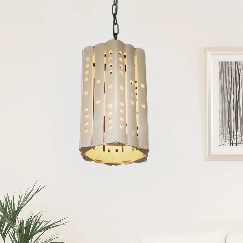 Cilinderophanging hanglamp moderne bamboe enkele lamp veranda hanglamp beige Clearhalo