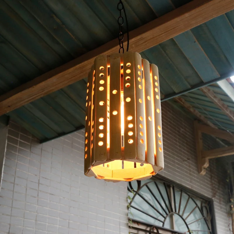 Cilinderophanging hanglamp moderne bamboe enkele lamp veranda hanglamp beige Clearhalo