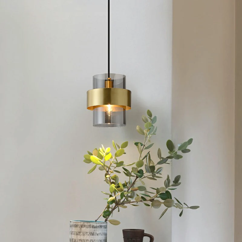 Cilinderslaapkamer-downlighting Rookgrijs glas Enkele postmoderne hanglamp messing Clearhalo
