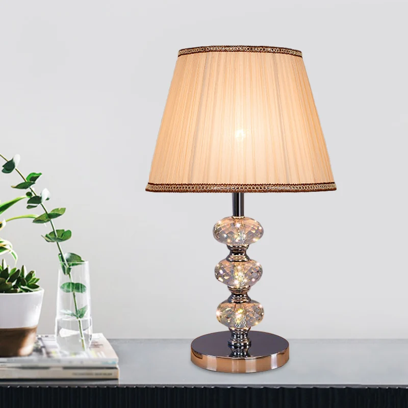 Cilindrische lampenkap van stof, studielamp, eigentijds nachtkastje met 1 kop, verlichting zilver/beige/koffie met kristal...