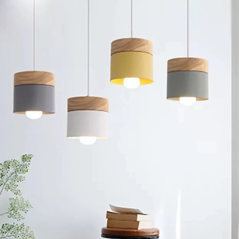 Cilindrische metalen hanglamp Minimalistische 1-lichts houten hanglamp boven tafel Clearhalo