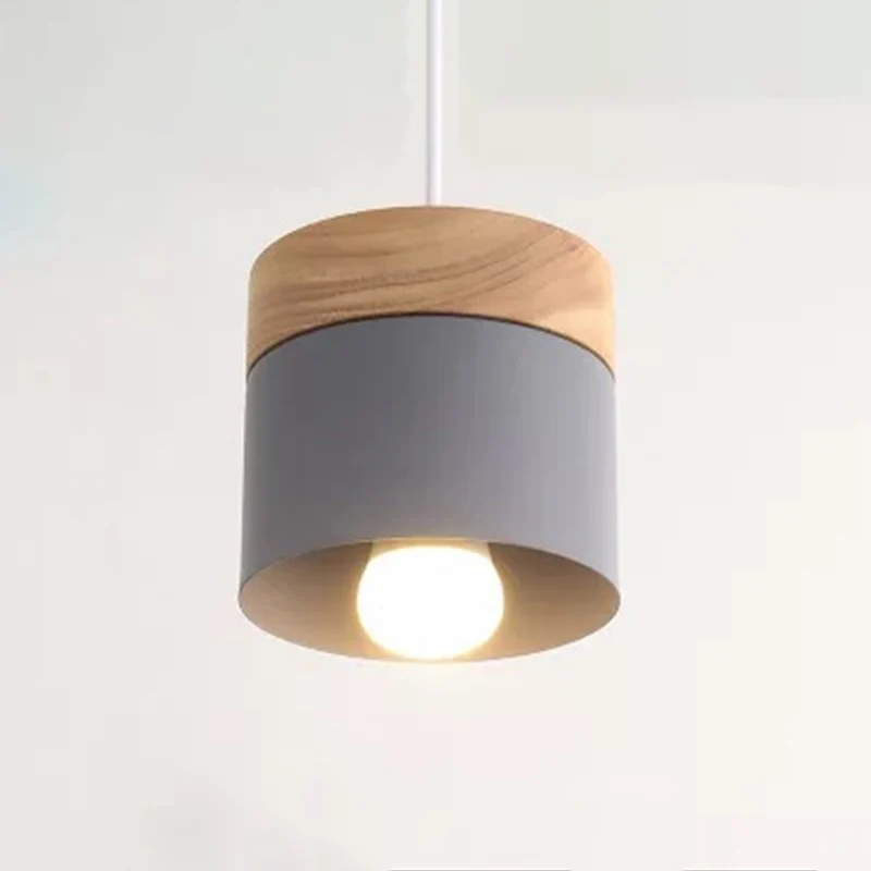 Cilindrische metalen hanglamp Minimalistische 1-lichts houten hanglamp boven tafel Clearhalo