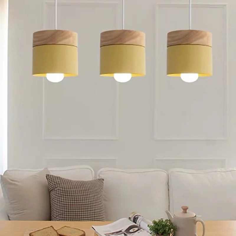 Cilindrische metalen hanglamp Minimalistische 1-lichts houten hanglamp boven tafel Clearhalo