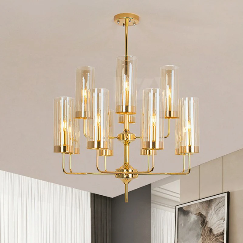 Cilindrische omhoog hangende kroonluchter, postmodern glas, messing afwerking, hanglamp voor woonkamer Clearhalo