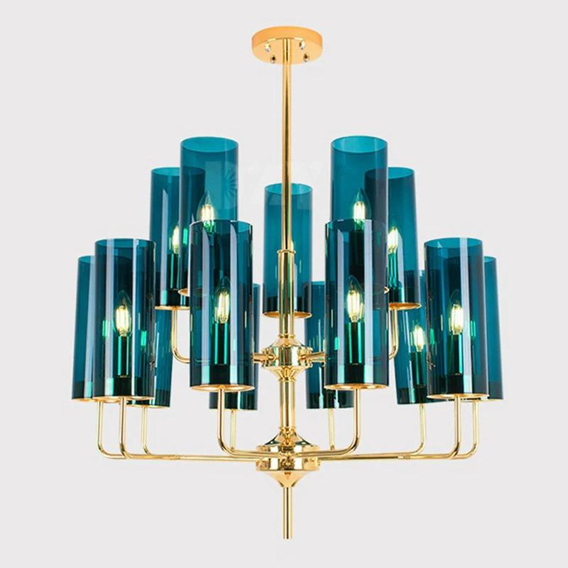 Cilindrische omhoog hangende kroonluchter, postmodern glas, messing afwerking, hanglamp voor woonkamer Clearhalo