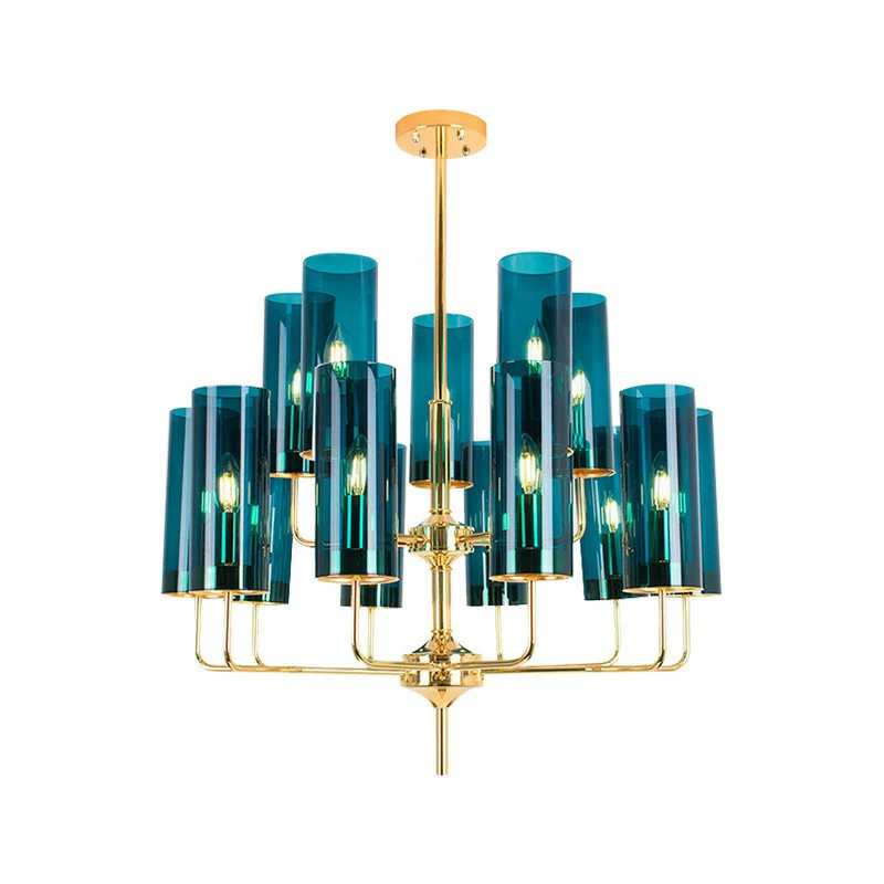 Cilindrische omhoog hangende kroonluchter, postmodern glas, messing afwerking, hanglamp voor woonkamer Clearhalo
