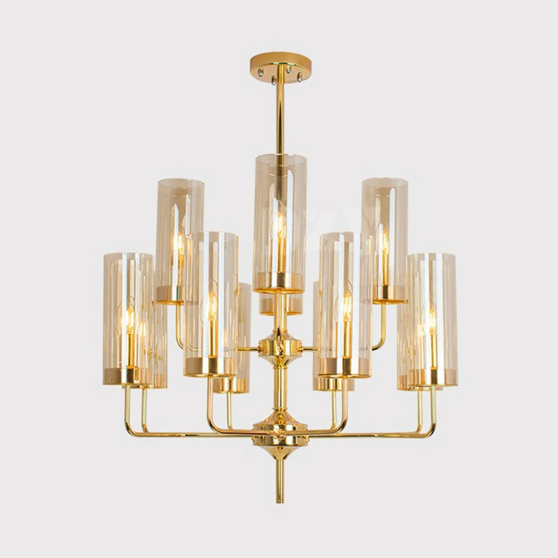 Cilindrische omhoog hangende kroonluchter, postmodern glas, messing afwerking, hanglamp voor woonkamer Clearhalo