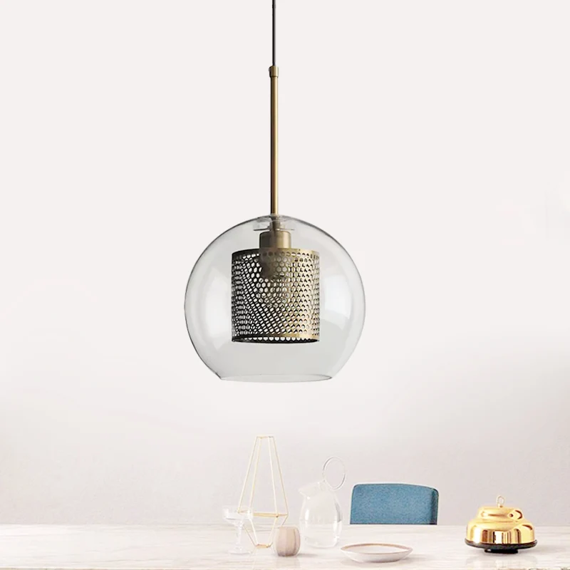 Cilindrische slaapkamer hanglamp koloniaal metalen gaas 1 lamp brons/zilvergrijs hanger met helder glazen kap, 8"/9.5"/12"...