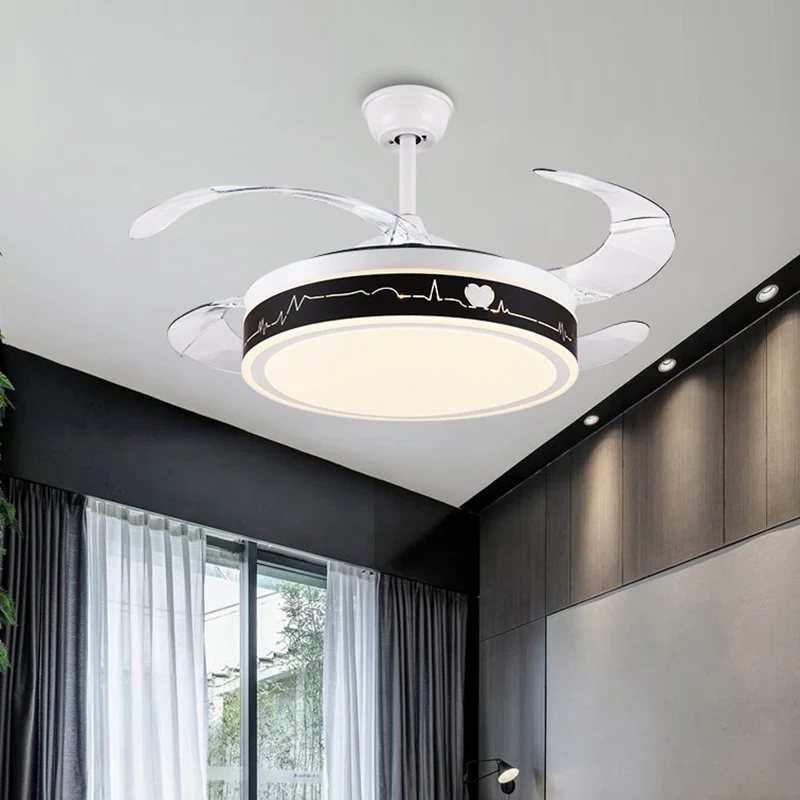 Circle semi-inbouwlamp Nordic metallic 19-inch brede LED zwart-wit hangende ventilatorverlichting met 4 heldere bladen Cle...