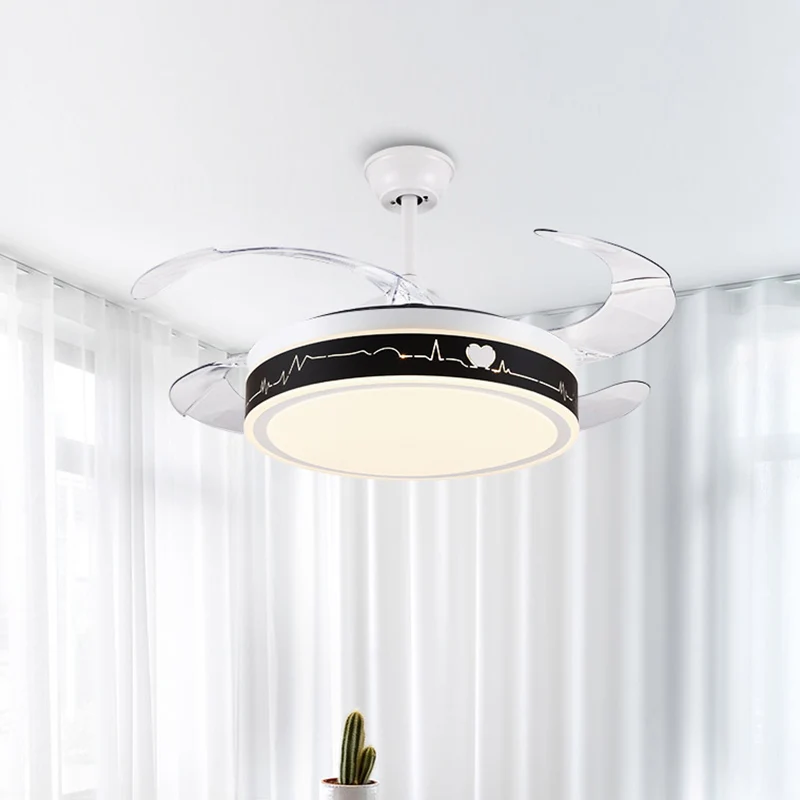 Circle semi-inbouwlamp Nordic metallic 19-inch brede LED zwart-wit hangende ventilatorverlichting met 4 heldere bladen Cle...