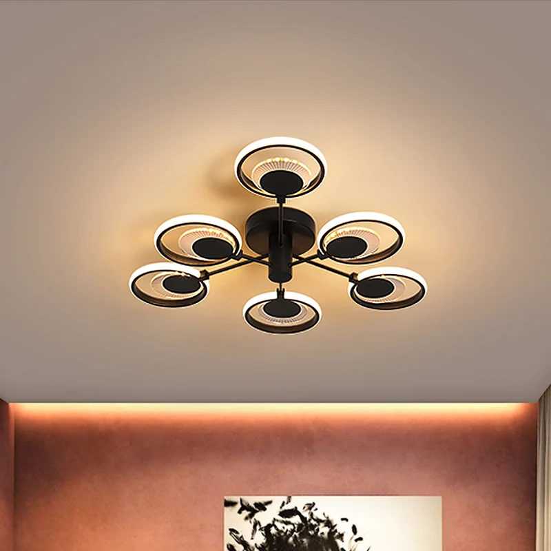 Circles semi-inbouw kroonluchter moderne metalen LED-slaapkamerplafondlamp met radiaal ontwerp zwart, warm/wit licht Clear...