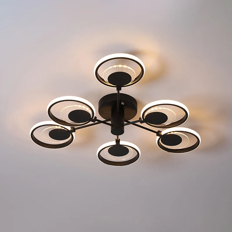 Circles semi-inbouw kroonluchter moderne metalen LED-slaapkamerplafondlamp met radiaal ontwerp zwart, warm/wit licht Clear...