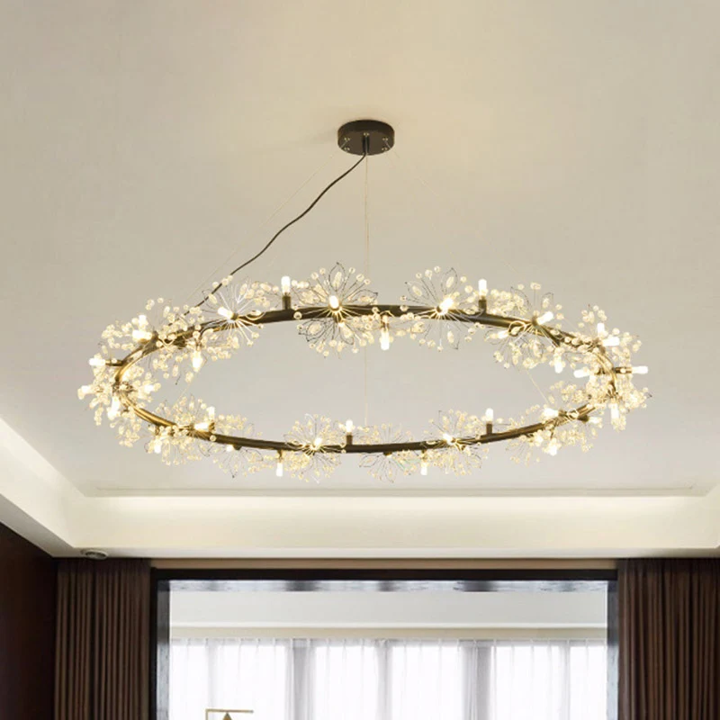 Cirkel hangende kroonluchter met kristallen kralen, minimalistische zwarte 20,5"/26"/34" brede LED-plafondlamp Clearhalo