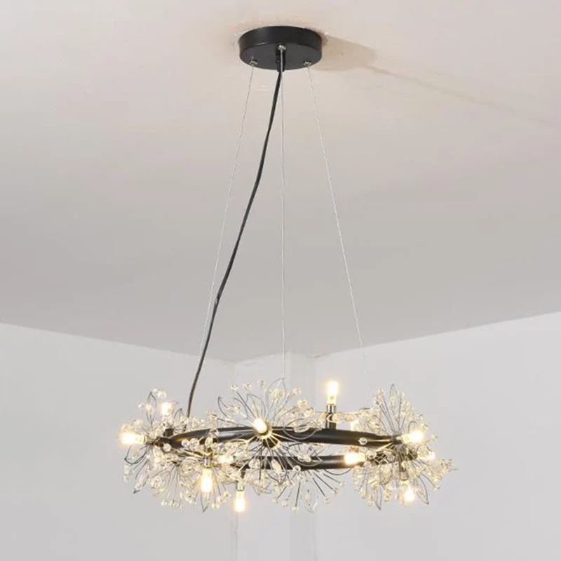 Cirkel hangende kroonluchter met kristallen kralen, minimalistische zwarte 20,5"/26"/34" brede LED-plafondlamp Clearhalo