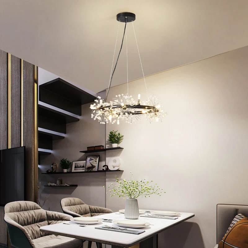 Cirkel hangende kroonluchter met kristallen kralen, minimalistische zwarte 20,5"/26"/34" brede LED-plafondlamp Clearhalo