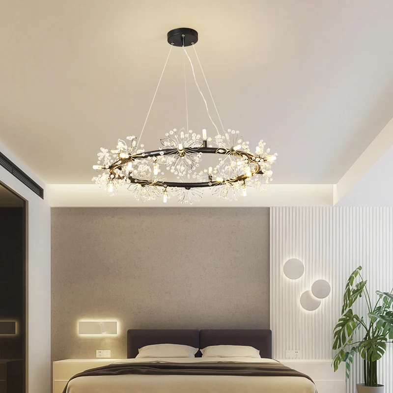 Cirkel hangende kroonluchter met kristallen kralen, minimalistische zwarte 20,5"/26"/34" brede LED-plafondlamp Clearhalo