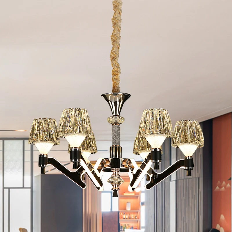 Cone hangende kroonluchter modern kristal 6 lampen chroom hangende plafondlamp voor woonkamer Clearhalo
