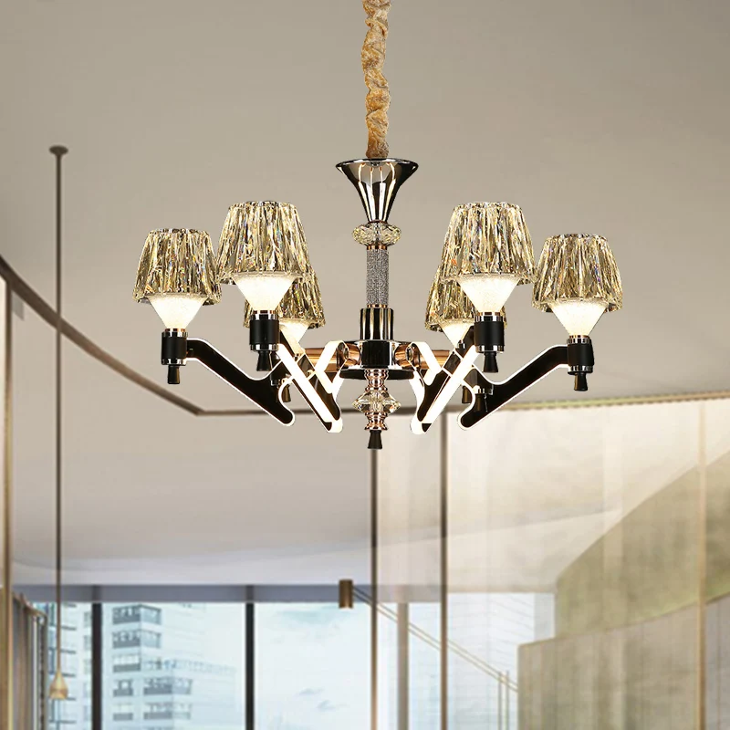 Cone hangende kroonluchter modern kristal 6 lampen chroom hangende plafondlamp voor woonkamer Clearhalo