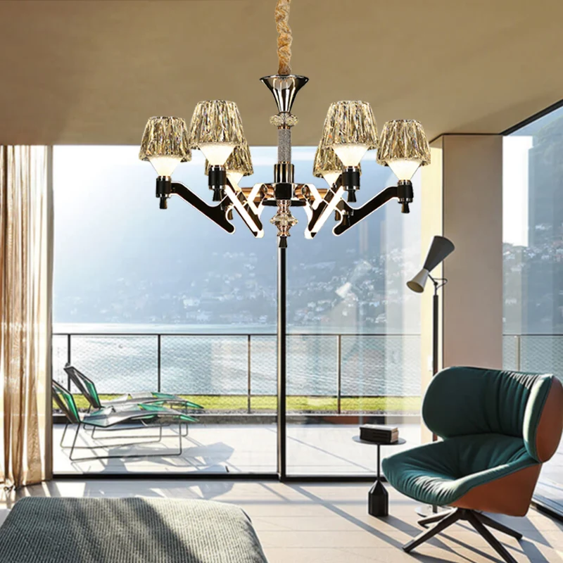 Cone hangende kroonluchter modern kristal 6 lampen chroom hangende plafondlamp voor woonkamer Clearhalo