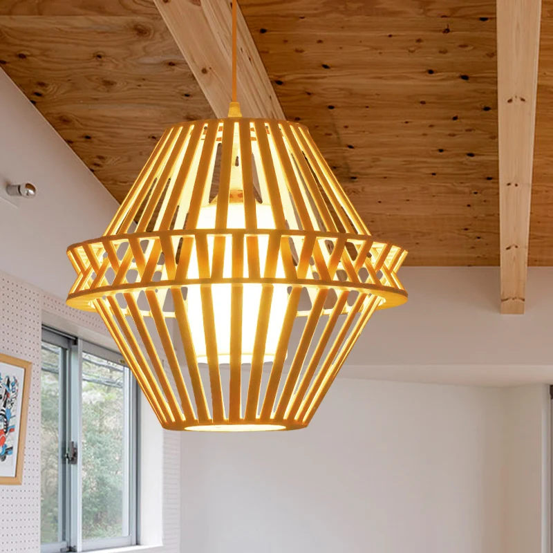 Cone hanglamp Aziatisch bamboe 1 lamp Houten plafondhanglamp met binnenkap van witte stof Clearhalo