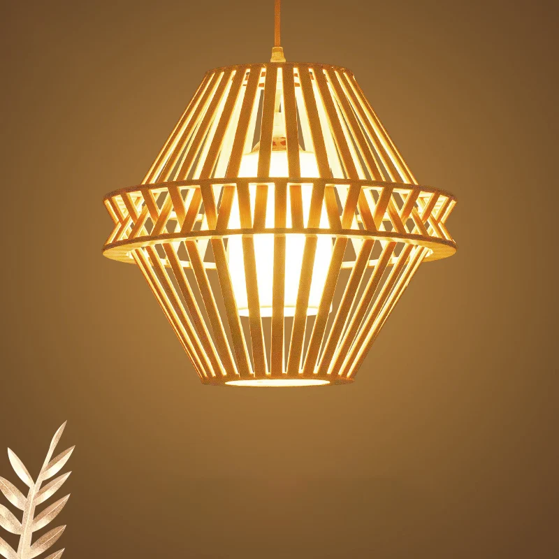 Cone hanglamp Aziatisch bamboe 1 lamp Houten plafondhanglamp met binnenkap van witte stof Clearhalo
