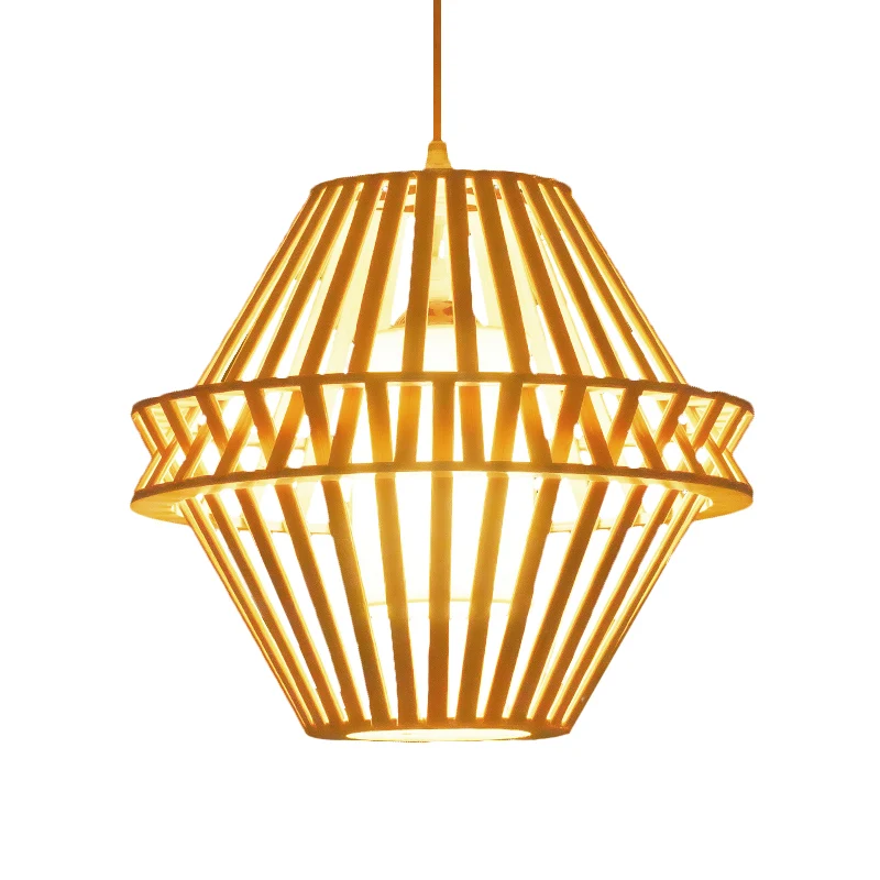 Cone hanglamp Aziatisch bamboe 1 lamp Houten plafondhanglamp met binnenkap van witte stof Clearhalo
