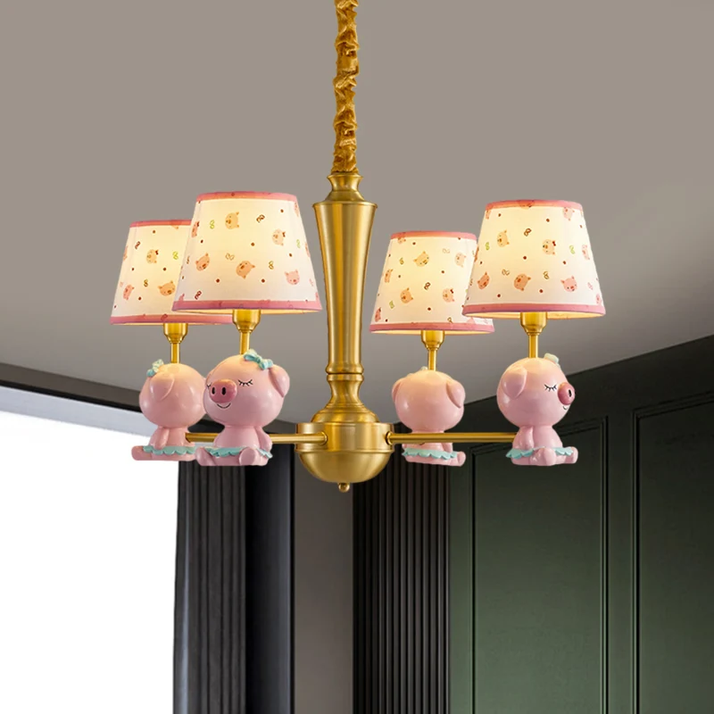 Cone plafondophangarmatuur kinderstof 4-lichtroze kroonluchterverlichting met Piggy-ontwerp Clearhalo