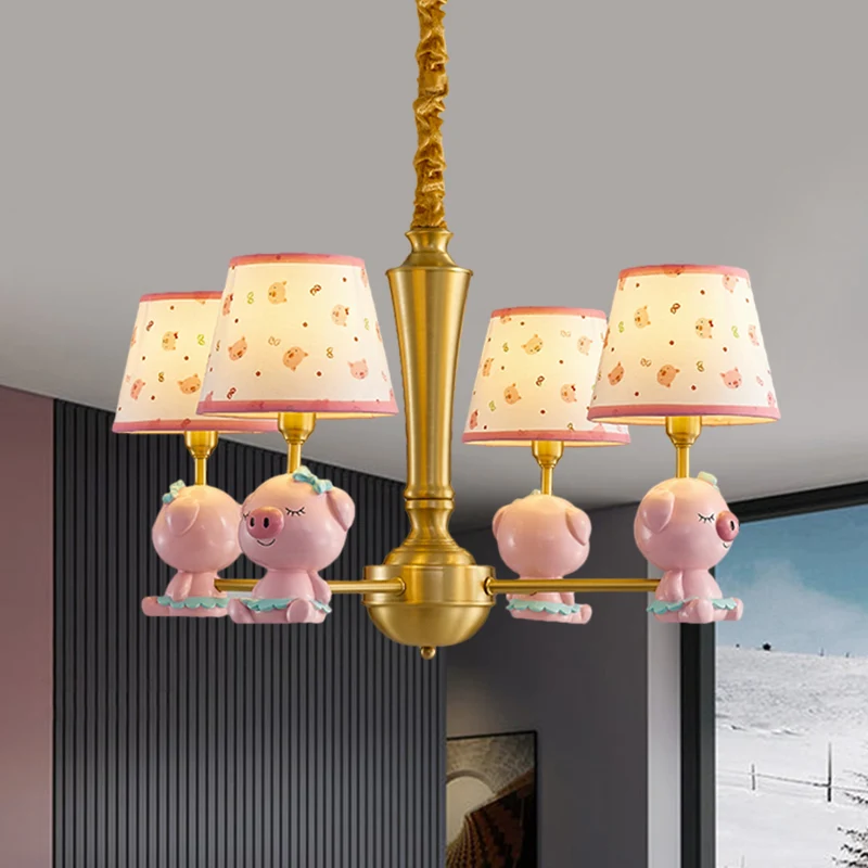 Cone plafondophangarmatuur kinderstof 4-lichtroze kroonluchterverlichting met Piggy-ontwerp Clearhalo