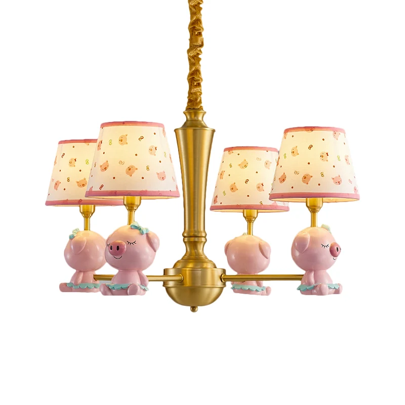 Cone plafondophangarmatuur kinderstof 4-lichtroze kroonluchterverlichting met Piggy-ontwerp Clearhalo