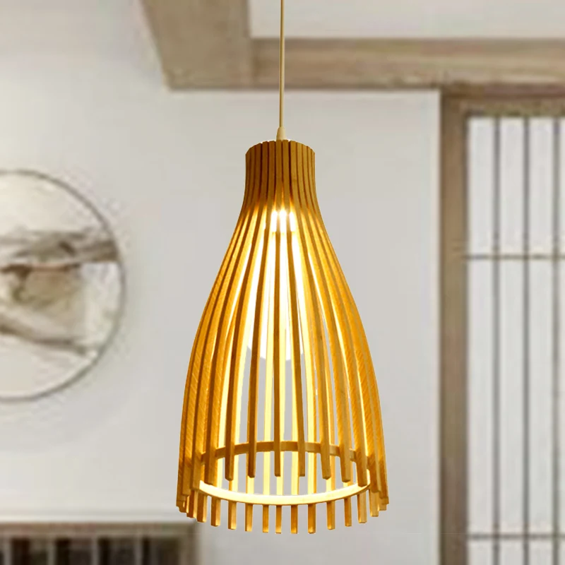 Conische Bamboe Strook Pendellamp Japanse 1-Licht Beige Hangende Plafondlamp voor Theehuis Clearhalo