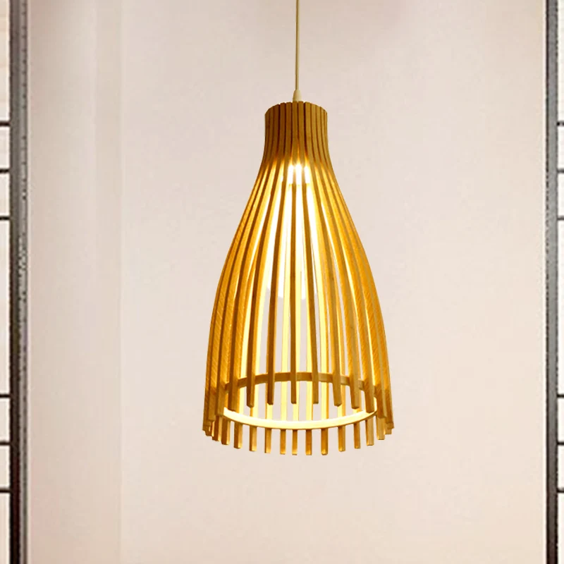 Conische Bamboe Strook Pendellamp Japanse 1-Licht Beige Hangende Plafondlamp voor Theehuis Clearhalo