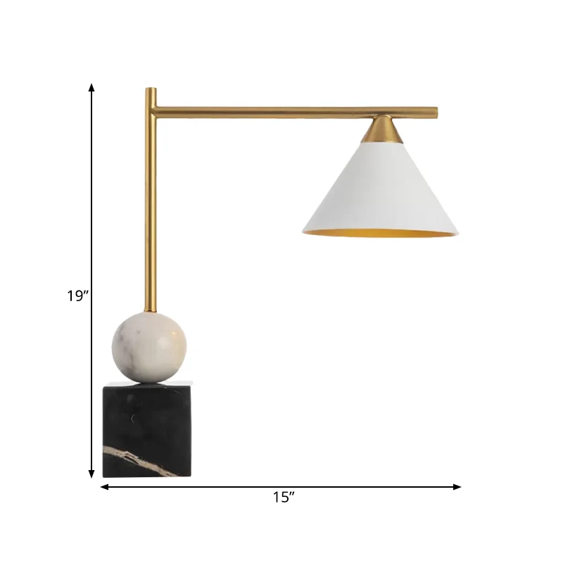 Conische bureauverlichting Minimalistische metalen enkele kop witte nachtkastjelamp met vierkante zwarte marmeren voet voo...